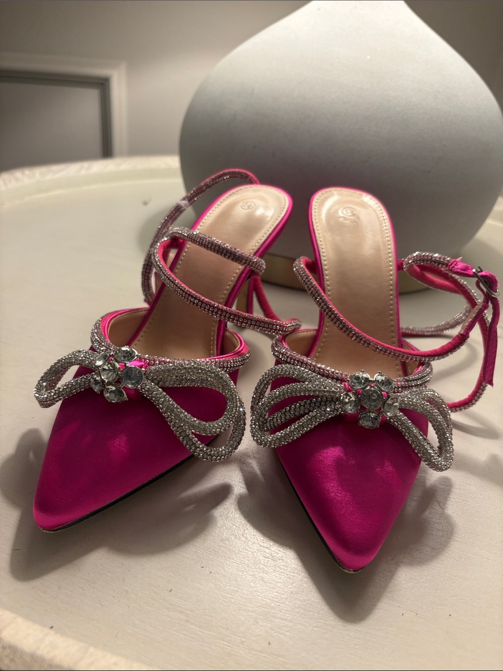Hot Pink Satin Pointed-Toe Slingback Heels with Crystal Bow
